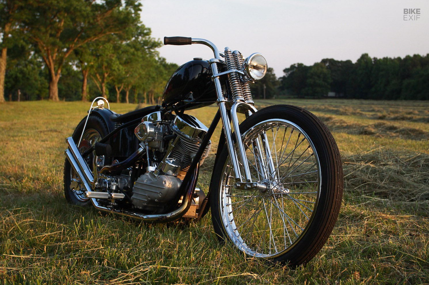 A sleek chopper with an Evo engine, highlighting its clean lines and modern aesthetic.